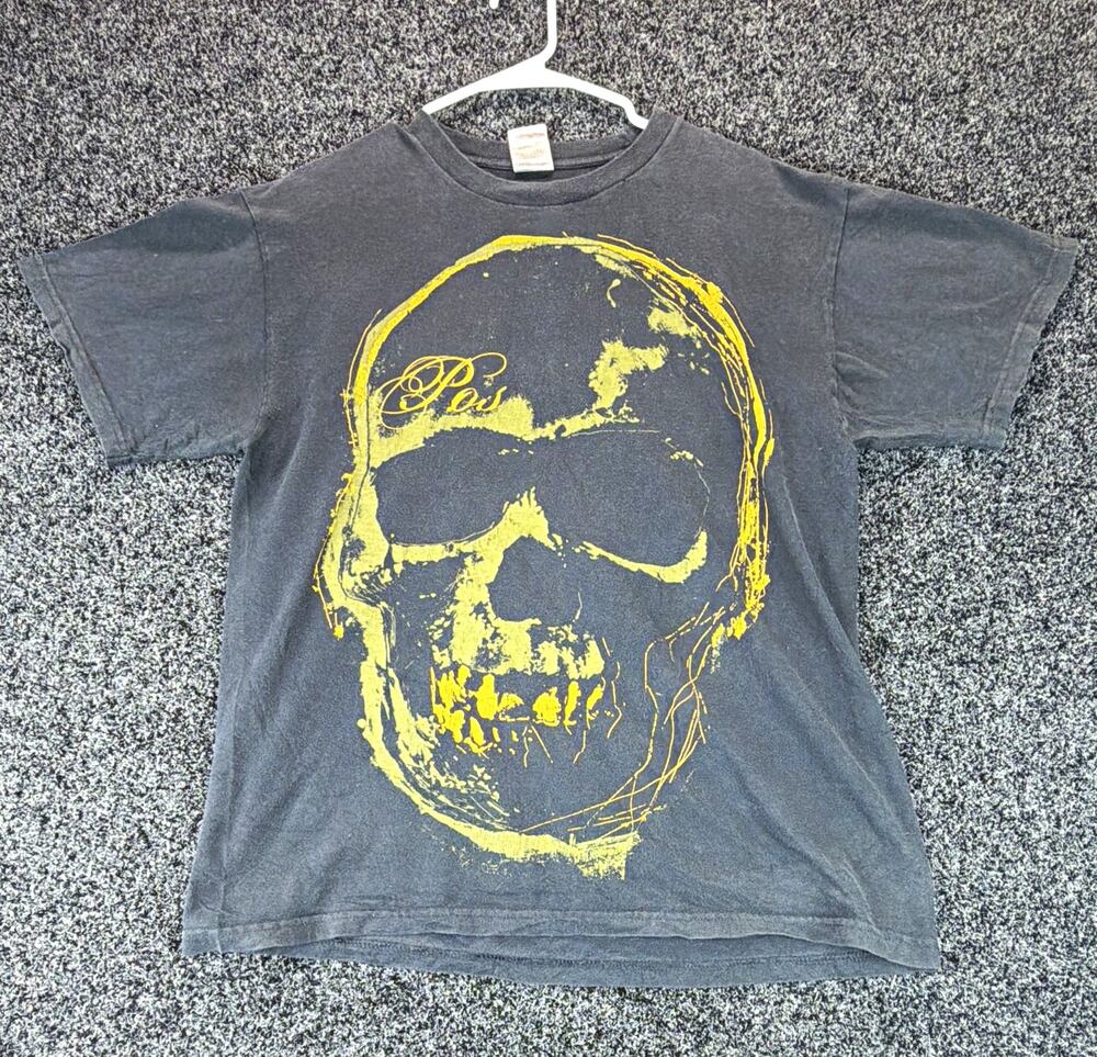 P.O.S Skull Graphic T Shirt Mens Large Faded Black Yellow Fruit the Loom Cotton